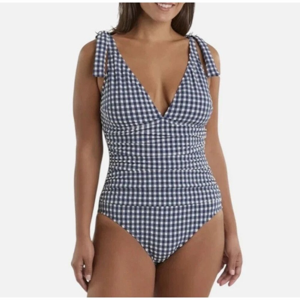 Ellen Tracy Gingham One Piece Swimsuit Navy White Women's L UPF 50+ Ruched